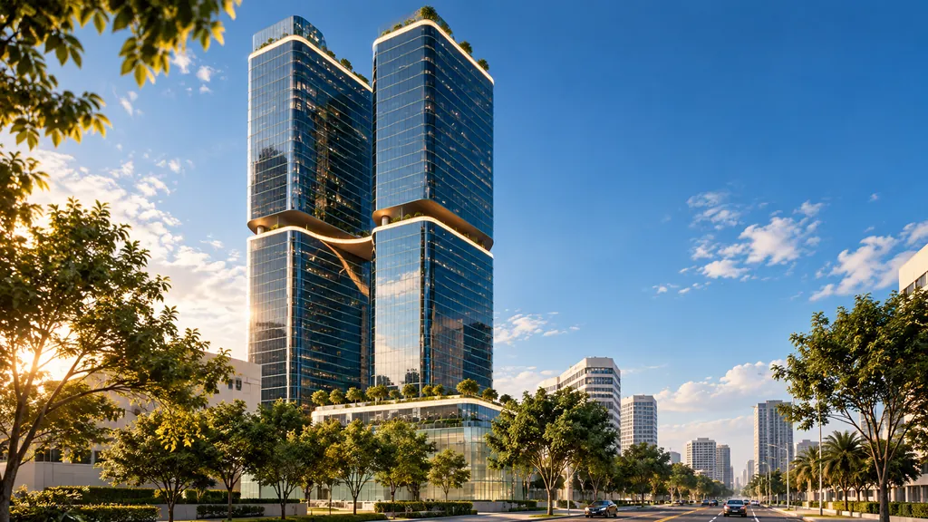 Architectural rendering of twin glass towers by Urban Housing Building Consortium
