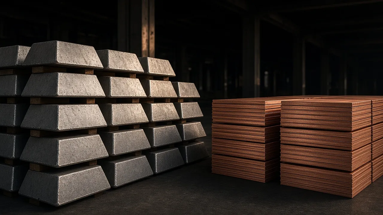 Stacked metal ingots and copper sheets in a dark warehouse