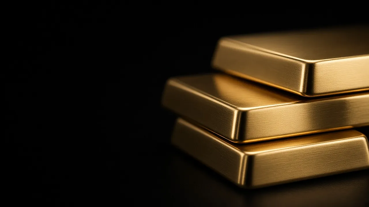 Close-up of stacked gold bullion bars in low studio light