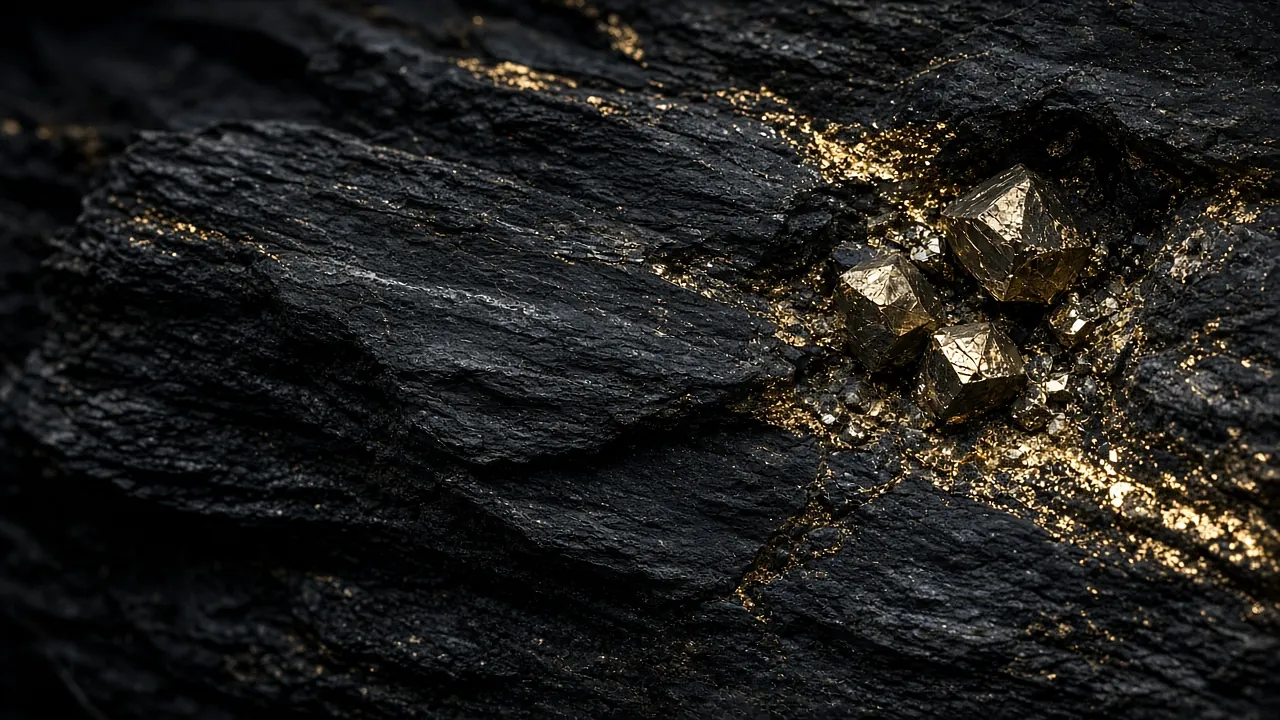 Dark mineral rock with fine veins of gold and pyrite crystals