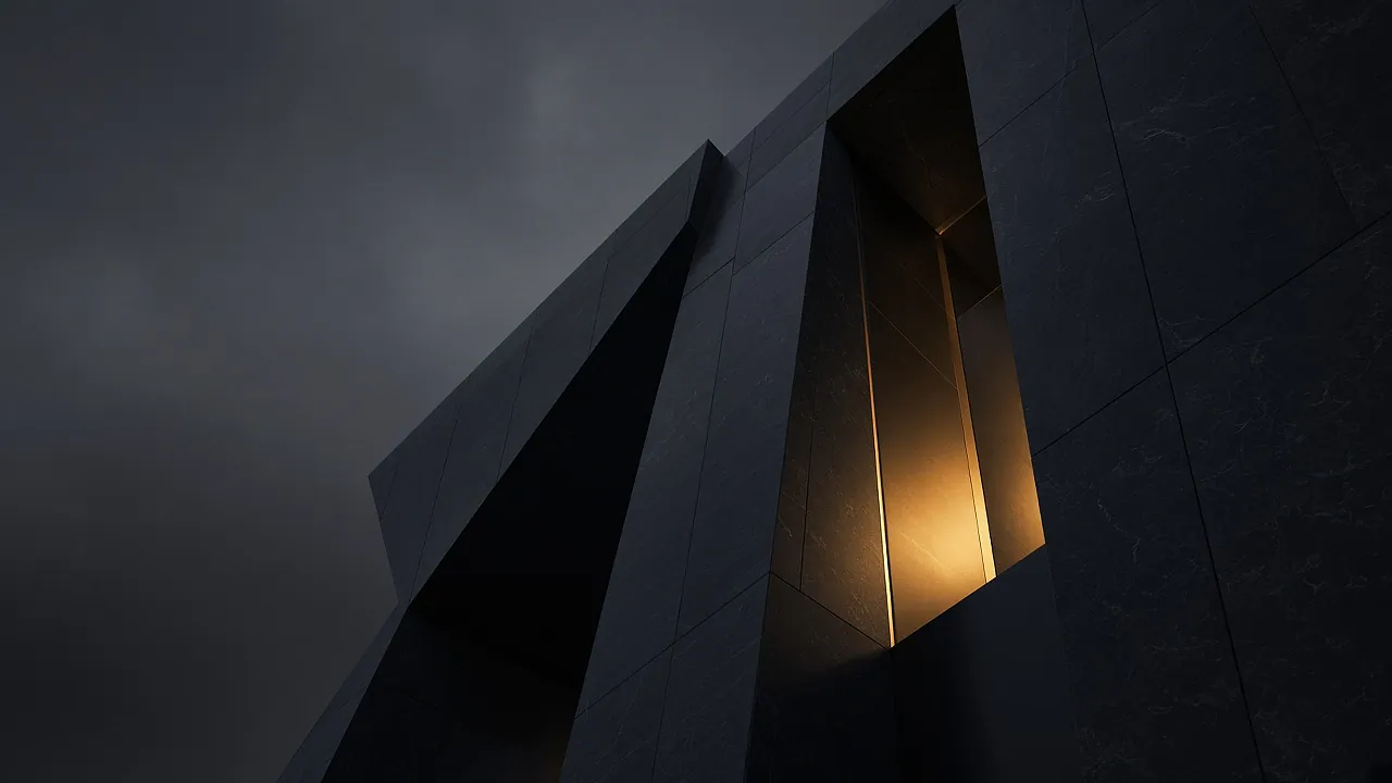 Monumental dark stone facade with warm light glowing from a tall opening
